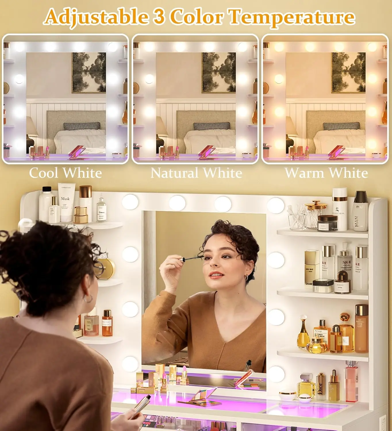 Tocador de maquillaje con espejo y luces de 3 colores, superficie transparente con 3 cajones RGB, 6 estantes, 2 armarios grandes de vidrio templado y toma de corriente; ideal para el dormitorio.