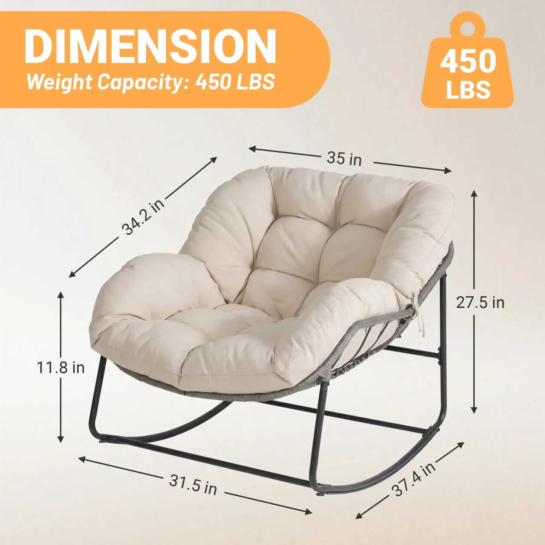Silla Mecedora Tipo Huevo Extra Grande con Respaldo Ajustable, Cojín Grueso, Soporta hasta 450 lb, Ideal para Patio, Balcón, Jardín y Sala de Estar