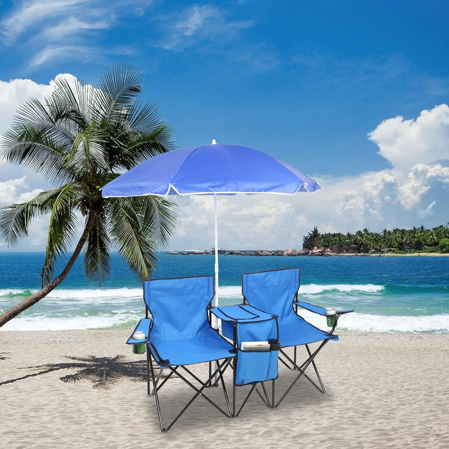Silla Doble Plegable para Camping con Sombrilla, Portavasos, Nevera y Mesa Auxiliar, Resistente y Portátil para Playa, Patio, Piscina y Exterior (Azul)