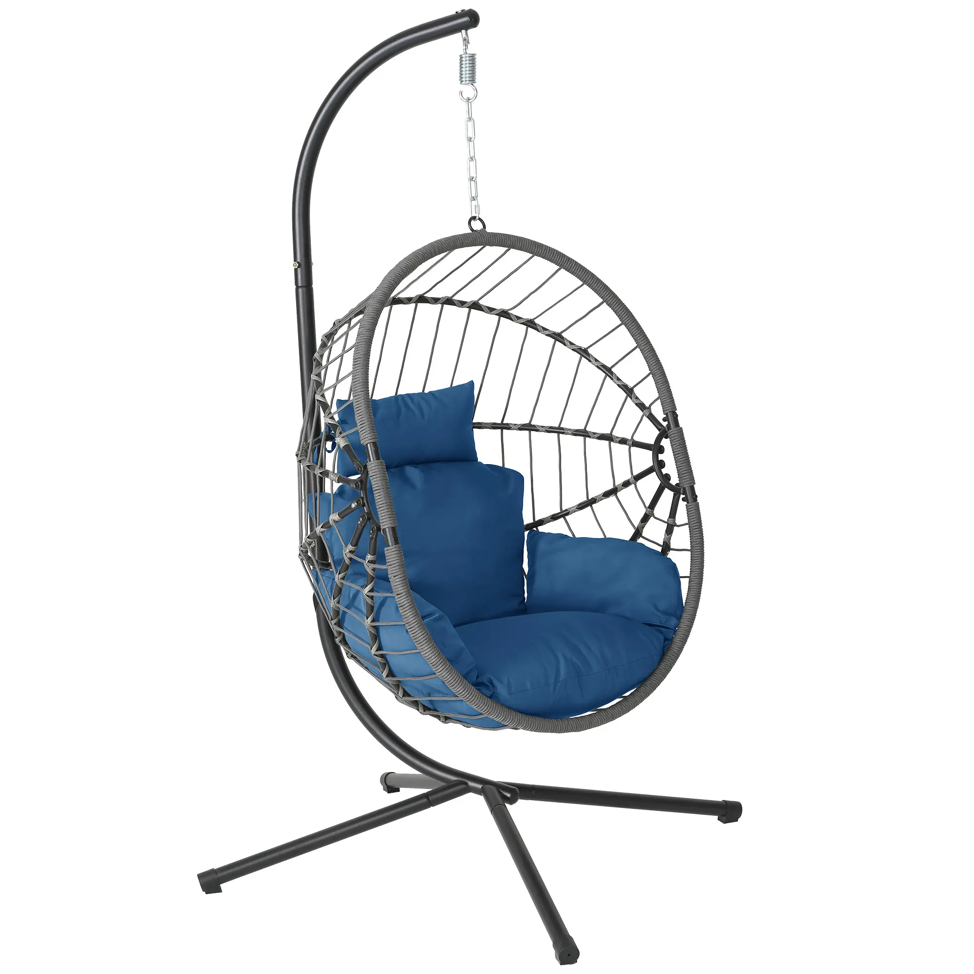 Sillón colgante tipo huevo con soporte – Columpio de ratán tejido a mano para patio con cojín, capacidad de 350 libras – Estilo elegante para interiores y exteriores (patio, jardín y zona de piscina)