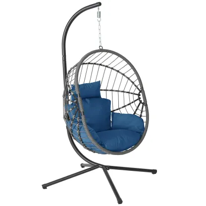 Sillón colgante tipo huevo con soporte – Columpio de ratán tejido a mano para patio con cojín, capacidad de 350 libras – Estilo elegante para interiores y exteriores (patio, jardín y zona de piscina)