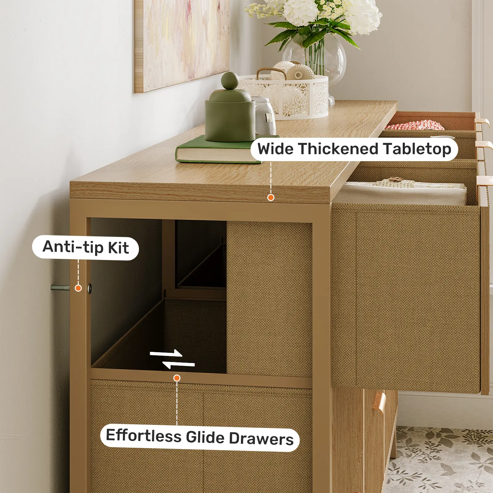 Cómoda de 9 Cajones de Tela, Aparador de Madera de 57", Mueble TV Moderno para 35/45/55", Gran Capacidad de Almacenamiento con Base Reforzada