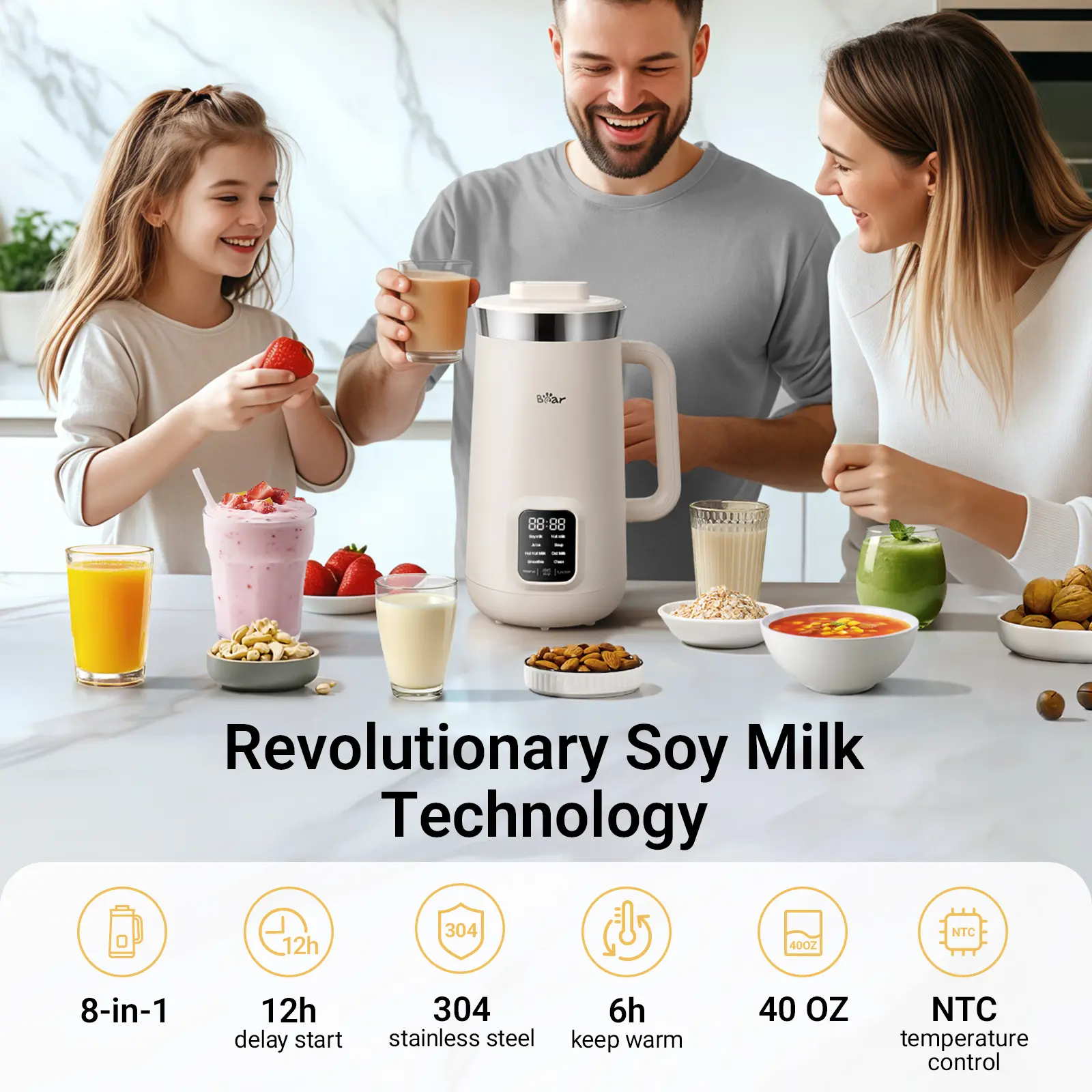 Máquina de Leche Vegetal 8 en 1 de 1.2 L, Fabricador Automático de Leche de Soja y Almendras, con Autolimpieza, Temporizador de 12 H y Mantener Caliente de 6 H, para Bebidas Caseras