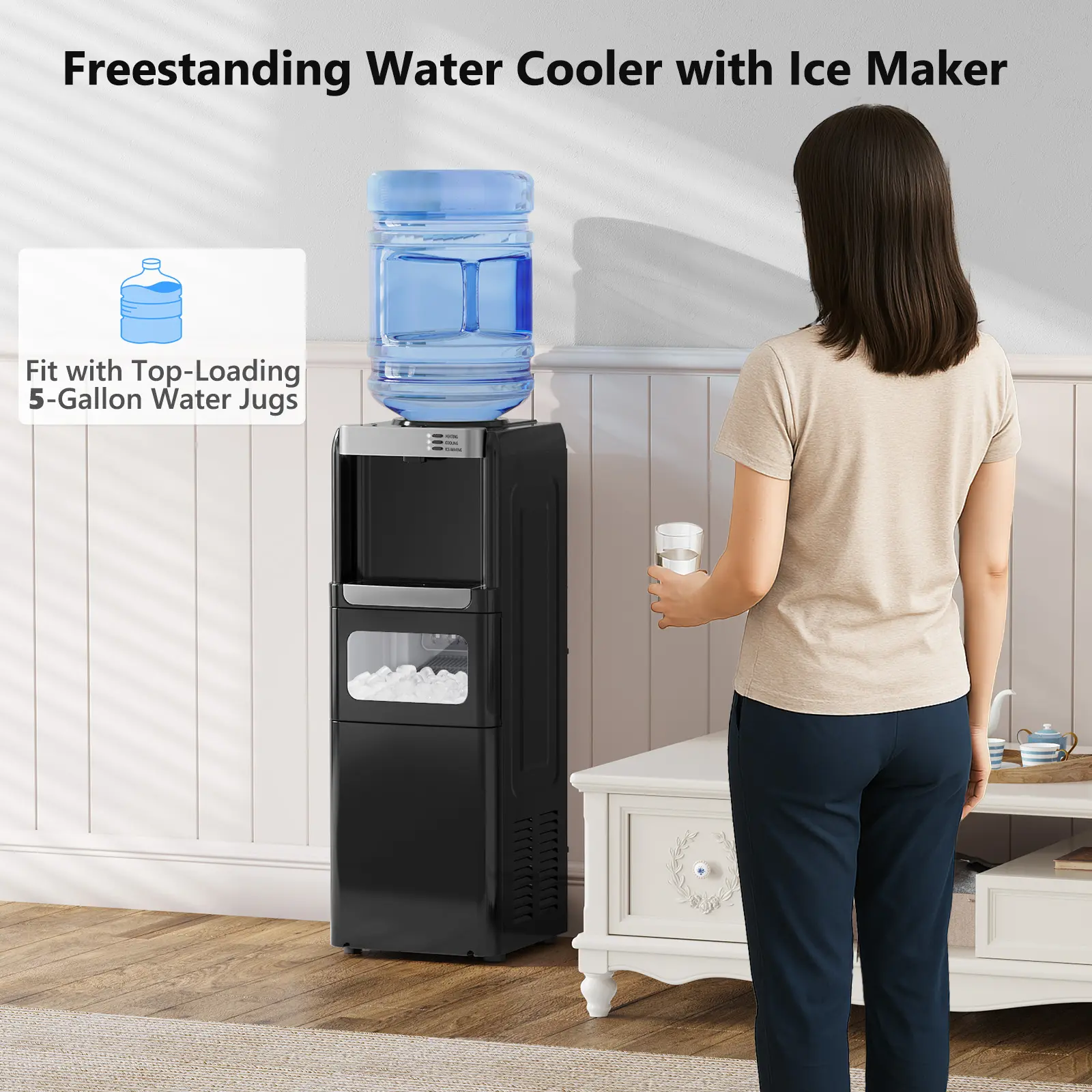 Dispensador de Agua con Máquina de Hielo, Carga Superior para Botellas de 5 Galones, Agua Caliente y Fría, con Seguro Infantil, Ideal para Hogar y Oficina