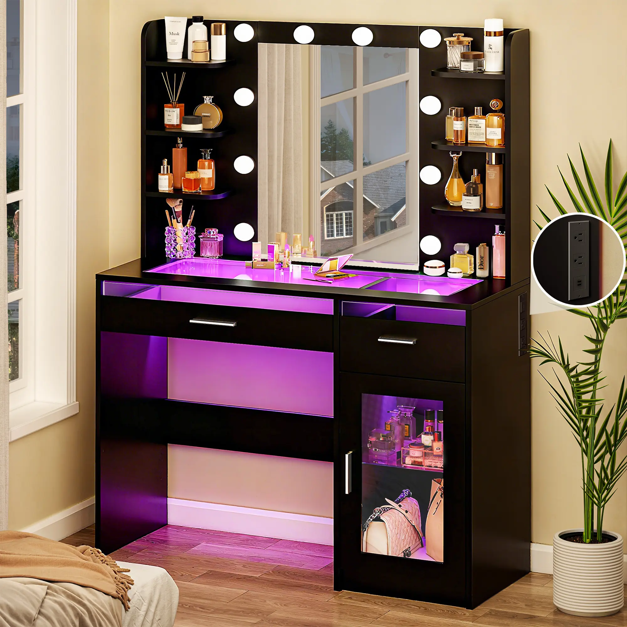 Tocador de maquillaje con espejo y luces de 3 colores, superficie transparente con 3 cajones RGB, 6 estantes, 2 armarios grandes de vidrio templado y toma de corriente; ideal para el dormitorio.