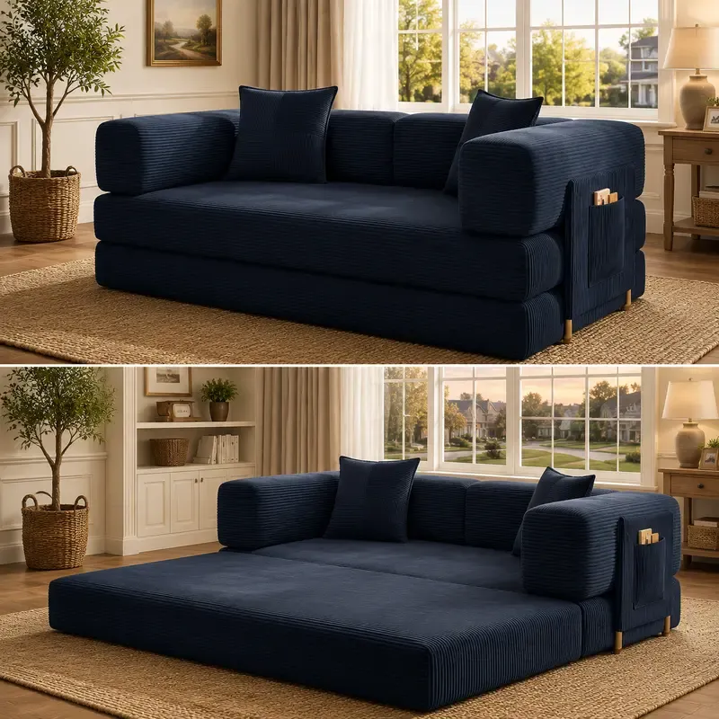 Sofá cama futón convertible de pana de 78,8 pulgadas; sofá sin estructura rígida que no requiere montaje, con bolsillo de almacenamiento para sala de estar; color verde; ideal para dormitorios y decoración del hogar.