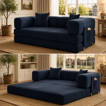 Sofá cama futón convertible de pana de 78,8 pulgadas; sofá sin estructura rígida que no requiere montaje, con bolsillo de almacenamiento para sala de estar; color verde; ideal para dormitorios y decoración del hogar.