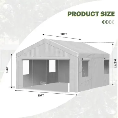 Cochera portátil resistente (opciones de 10x20, 12x20 o 20x20 pies) con ventanas enrollables y paredes laterales y puertas desmontables; refugio impermeable para automóviles, camionetas, SUV y embarcaciones (color gris).