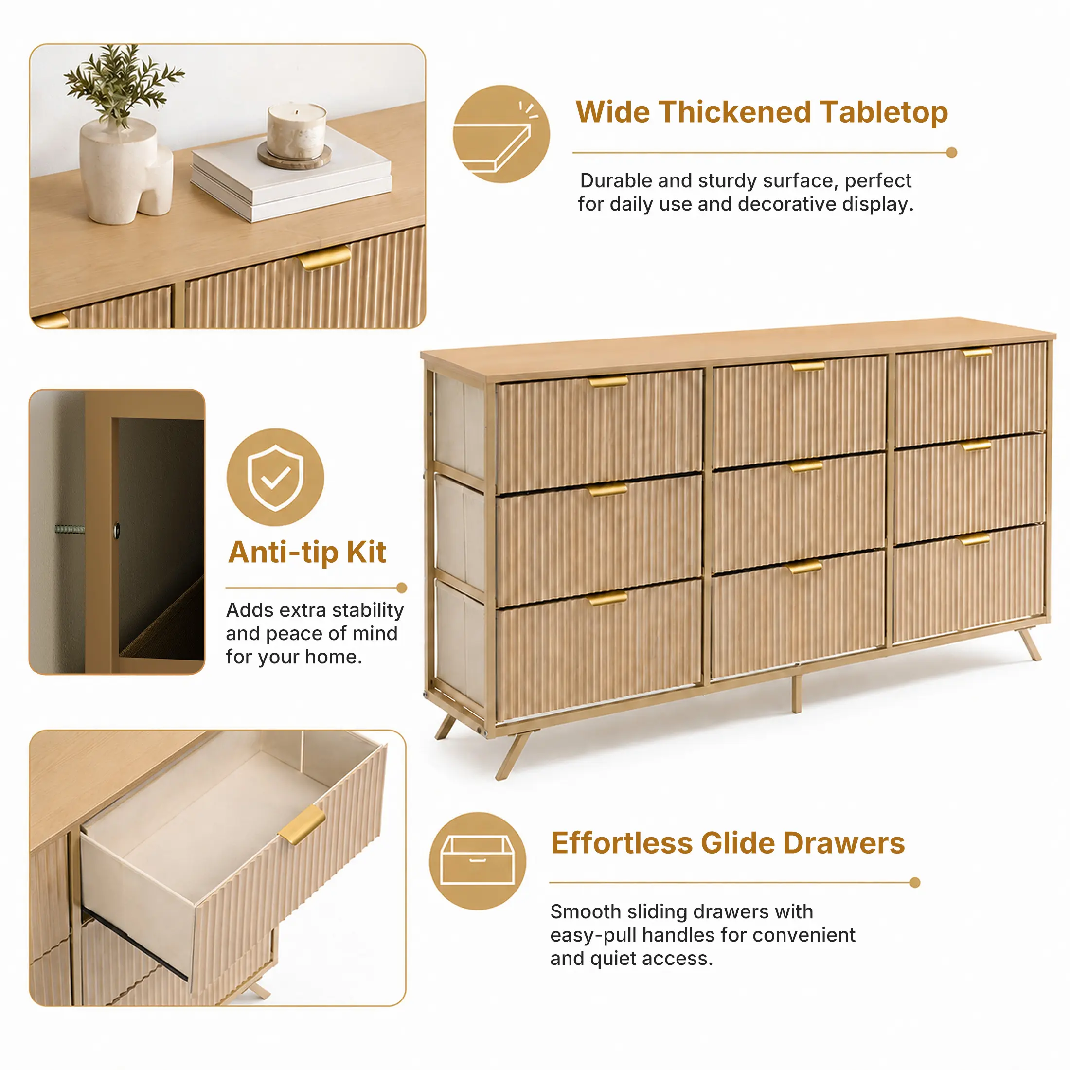 Cómoda de 9 Cajones de Tela, Aparador de Madera de 57", Mueble TV Moderno para 35/45/55", Gran Capacidad de Almacenamiento con Base Reforzada