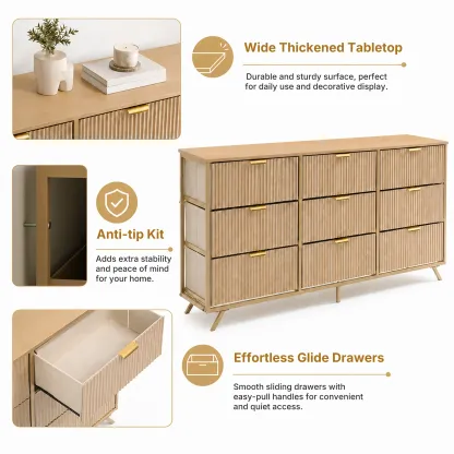 Cómoda de 9 Cajones de Tela, Aparador de Madera de 57", Mueble TV Moderno para 35/45/55", Gran Capacidad de Almacenamiento con Base Reforzada