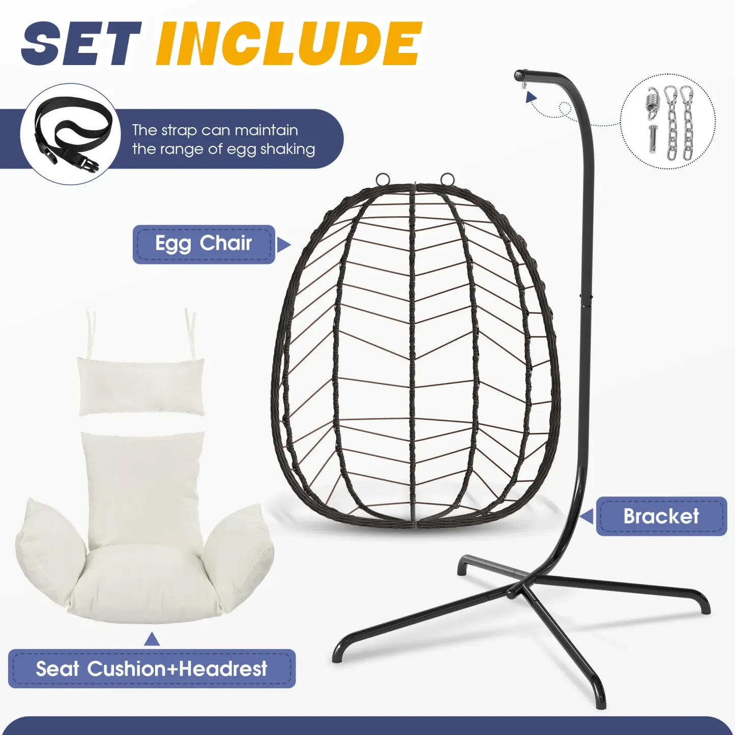 Sillón colgante tipo huevo con soporte – Columpio de ratán tejido a mano para patio con cojín, capacidad de 350 libras – Estilo elegante para interiores y exteriores (patio, jardín y zona de piscina)