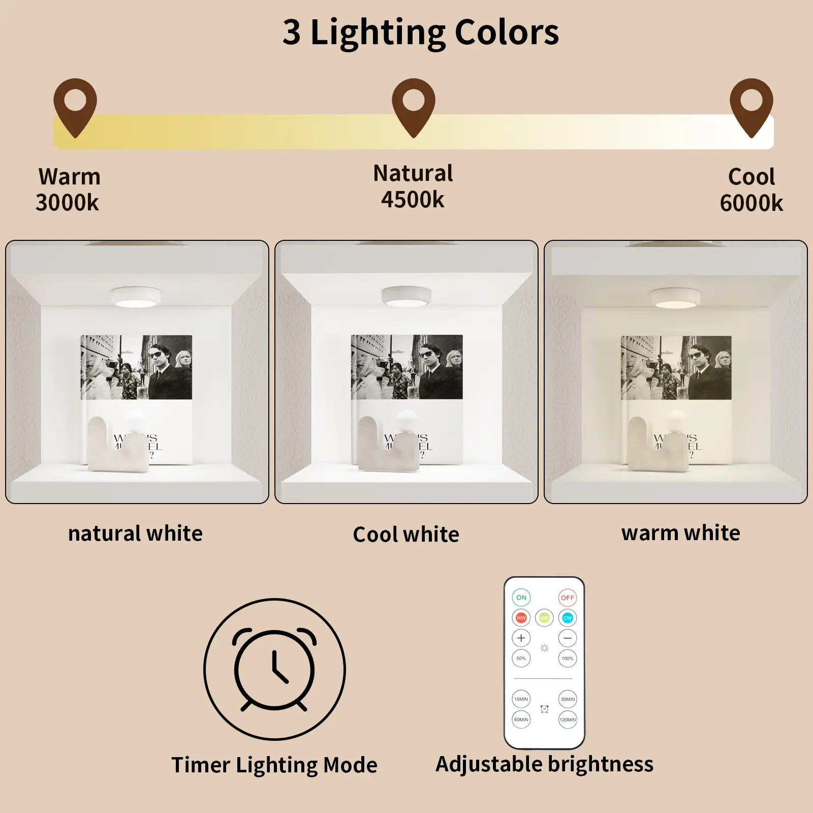 Mesita de noche moderna de 3 niveles con 3 cajones y luz LED para dormitorio o tocador