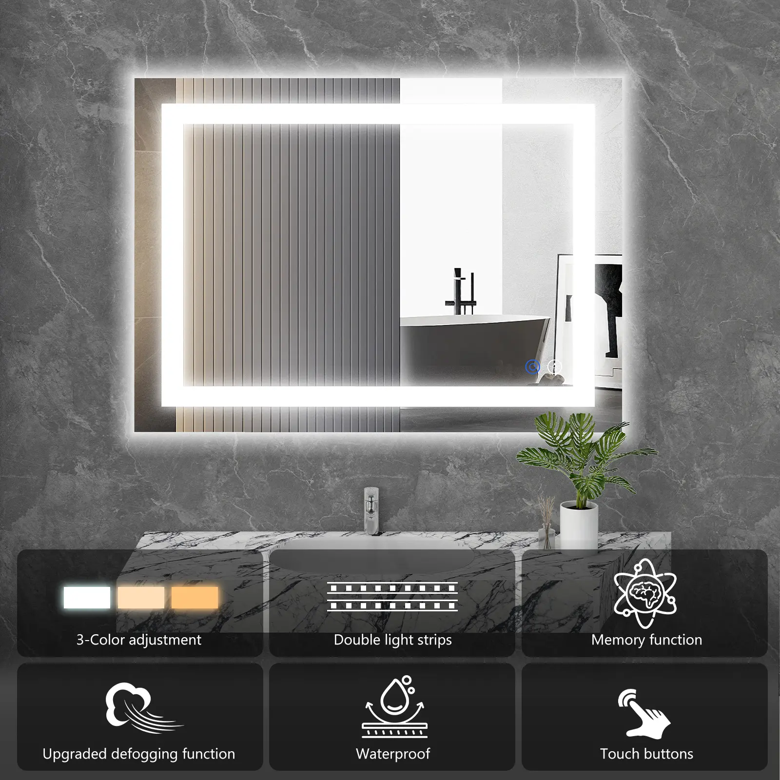 Espejo LED de Baño con Antivaho y Luz Regulable, Espejo de Pared con Iluminación Ajustable para Tocador