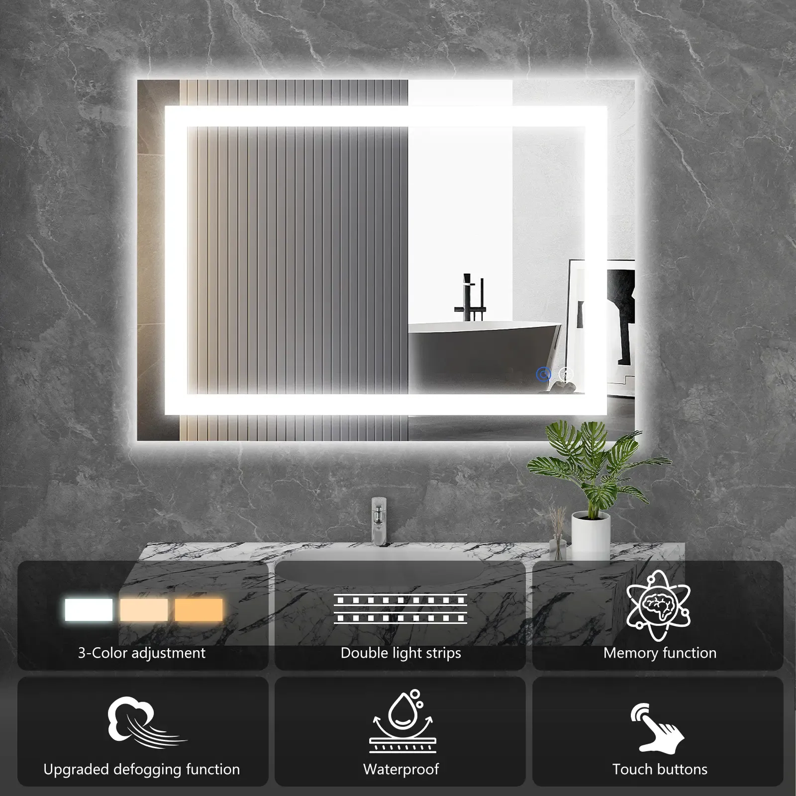 Espejo LED de Baño con Antivaho y Luz Regulable, Espejo de Pared con Iluminación Ajustable para Tocador