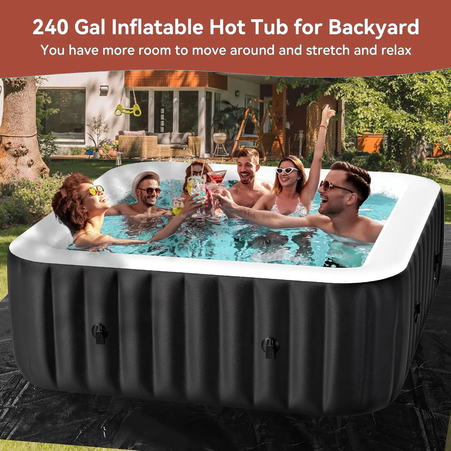 Spa Inflable Exterior para 4-6 Personas, Jacuzzi Portátil con 130 Chorros de Burbujas, Bomba de Calor y Filtro, Ideal para Patio y Jardín