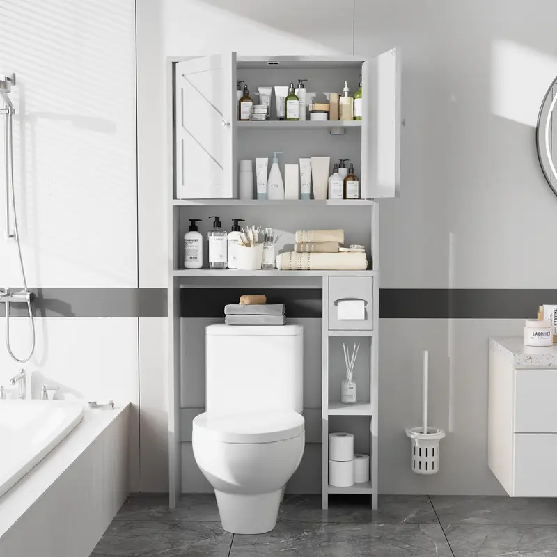 Armario de almacenamiento para colocar sobre el inodoro, estilo granja con 2 puertas tipo granero y soporte para papel higiénico, estantería para baño y organizador de muebles para lavandería.