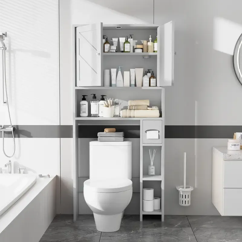 Armario de almacenamiento para colocar sobre el inodoro, estilo granja con 2 puertas tipo granero y soporte para papel higiénico, estantería para baño y organizador de muebles para lavandería.