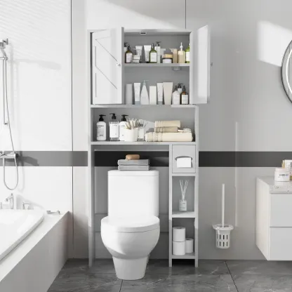 Armario de almacenamiento para colocar sobre el inodoro, estilo granja con 2 puertas tipo granero y soporte para papel higiénico, estantería para baño y organizador de muebles para lavandería.