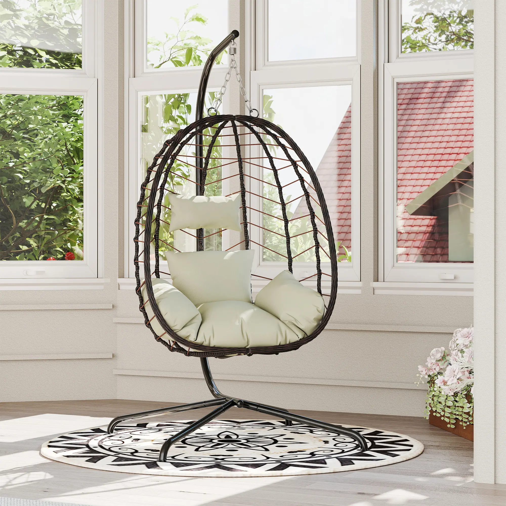 Sillón colgante tipo huevo con soporte – Columpio de ratán tejido a mano para patio con cojín, capacidad de 350 libras – Estilo elegante para interiores y exteriores (patio, jardín y zona de piscina)