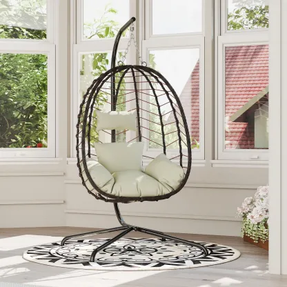 Sillón colgante tipo huevo con soporte – Columpio de ratán tejido a mano para patio con cojín, capacidad de 350 libras – Estilo elegante para interiores y exteriores (patio, jardín y zona de piscina)