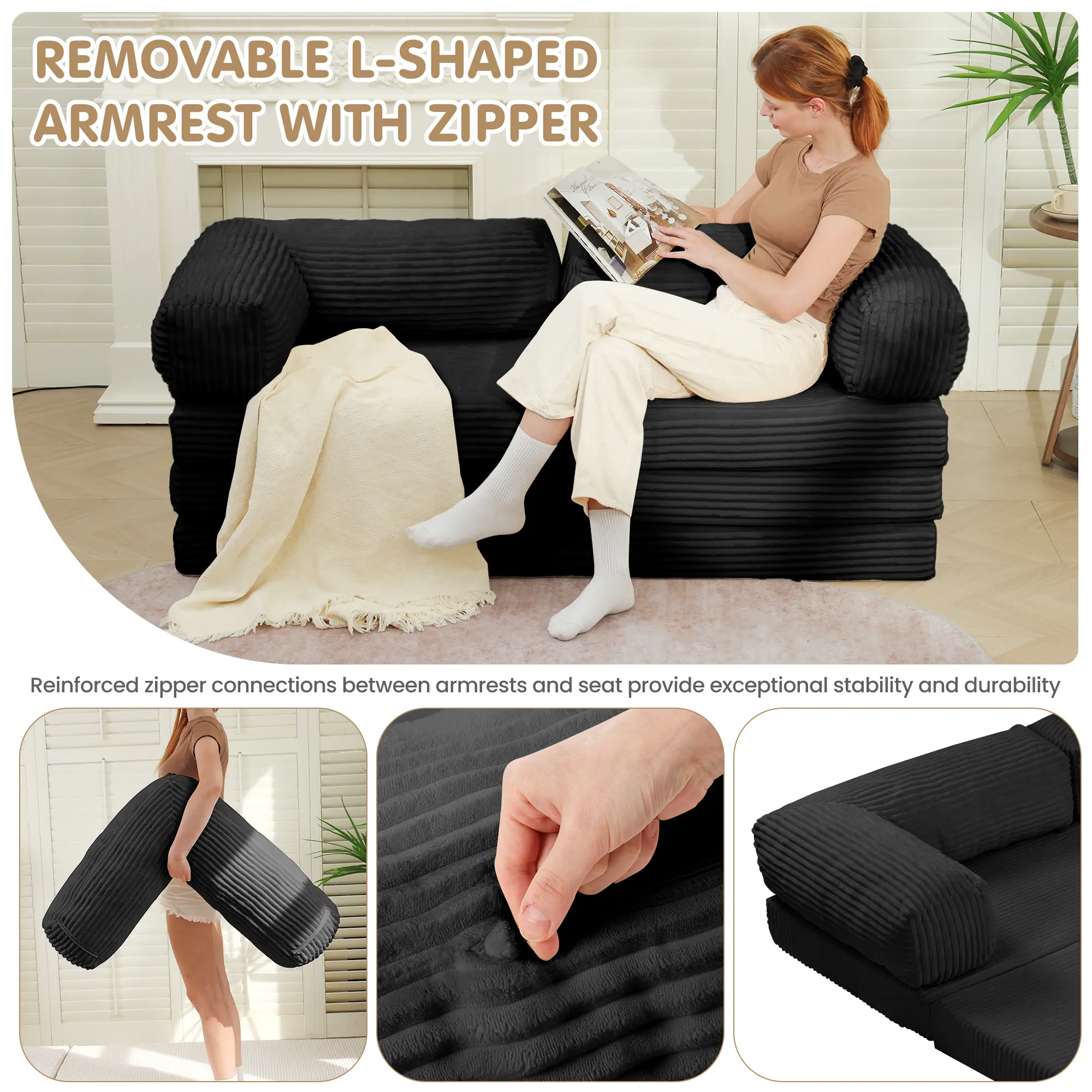 Sofá cama plegable convertible 5 en 1 (tamaño Queen) con colchón de tres pliegues y reposabrazos; sofá futón de suelo sin estructura para sala de estar, dormitorio o apartamento.