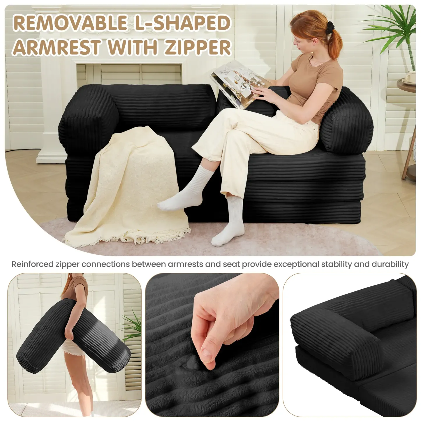 Sofá cama plegable convertible 5 en 1 (tamaño Queen) con colchón de tres pliegues y reposabrazos; sofá futón de suelo sin estructura para sala de estar, dormitorio o apartamento.