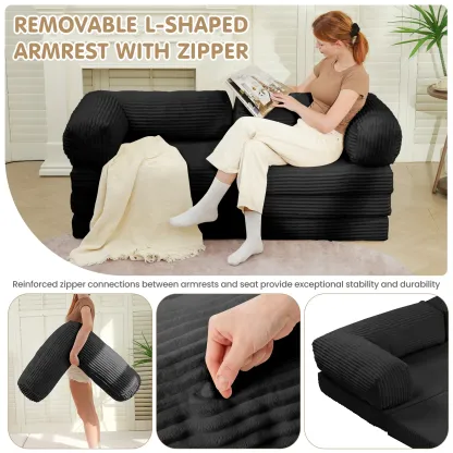 Sofá cama plegable convertible 5 en 1 (tamaño Queen) con colchón de tres pliegues y reposabrazos; sofá futón de suelo sin estructura para sala de estar, dormitorio o apartamento.