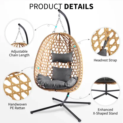 Silla Colgante Tipo Huevo de Ratán para Interior y Exterior, Soporta hasta 350 lb, con Cojín Cómodo para Patio, Jardín y Balcón