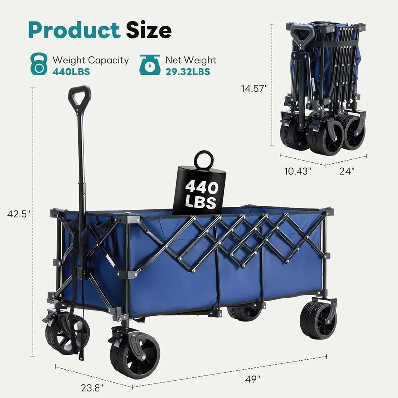 Carro de jardín de acero resistente: carrito multiusos plegable de 300 L, capacidad de 180 kg, ruedas de 7 pulgadas, ideal para acampada y jardinería; disponible en negro, azul y gris.