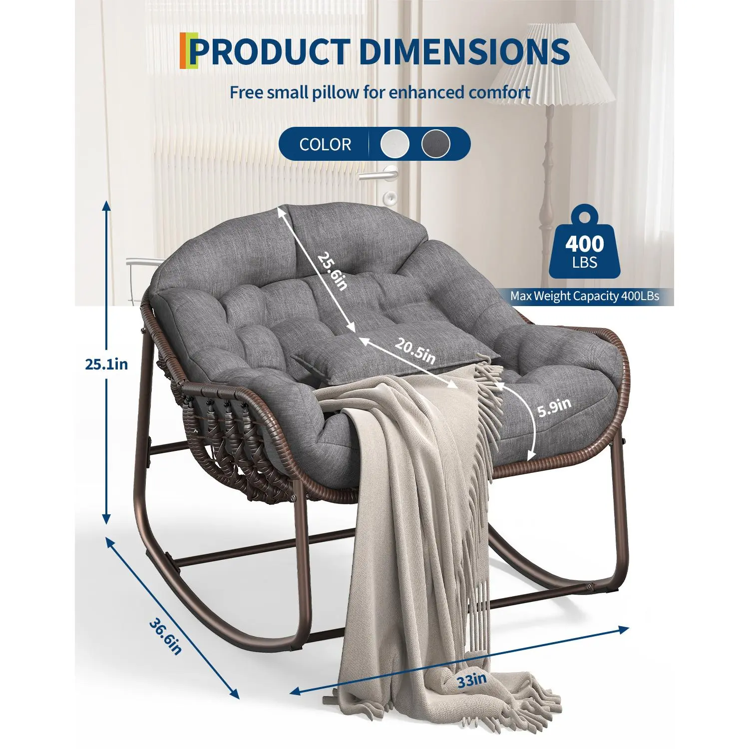 Silla Mecedora Tipo Huevo Papasan XL para Exterior, de Ratán Sintético, con Cojín Grueso Impermeable, Estructura Metálica Reforzada, Ideal para Balcón, Patio, Porche y Sala, Soporta hasta 450 lb