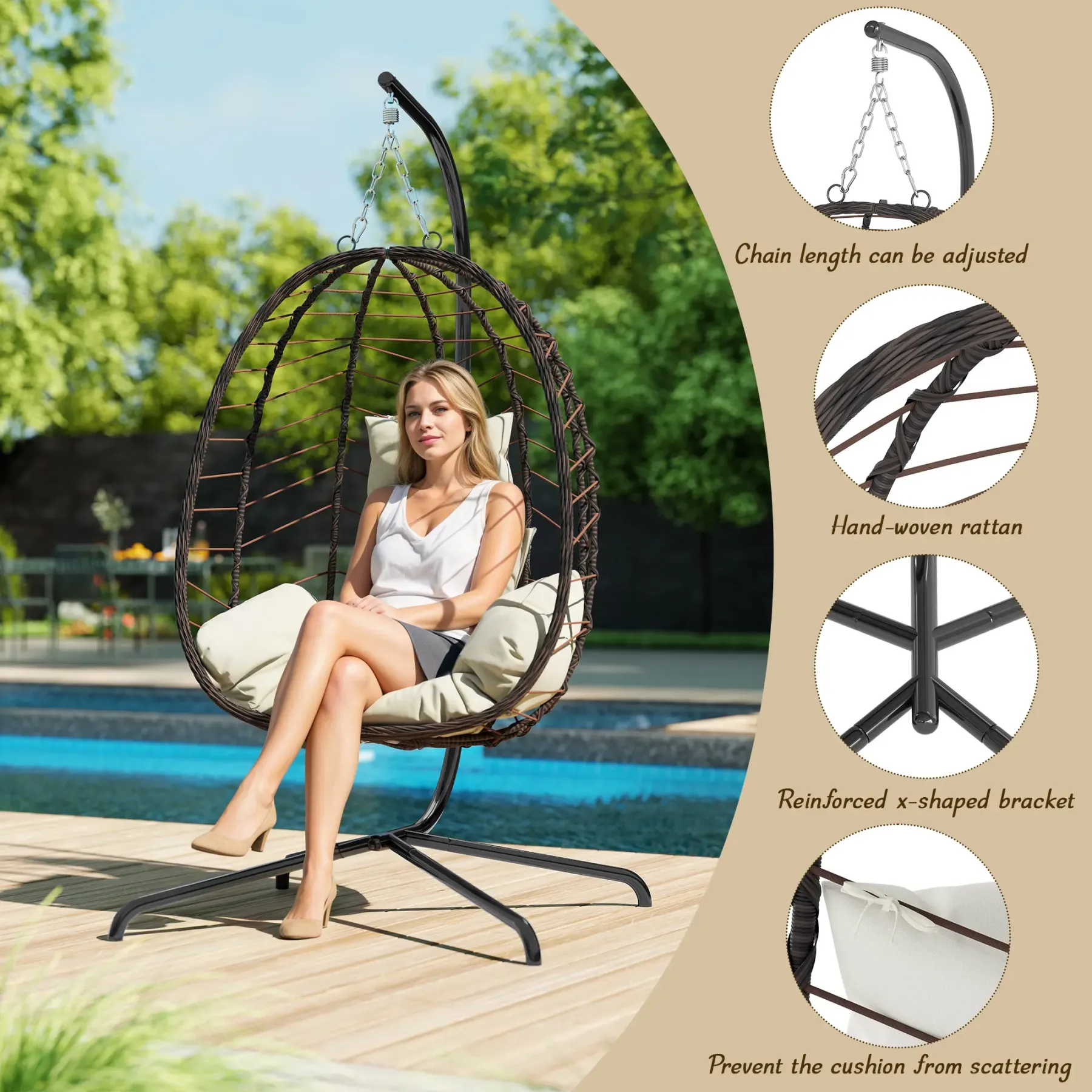 Sillón colgante tipo huevo con soporte – Columpio de ratán tejido a mano para patio con cojín, capacidad de 350 libras – Estilo elegante para interiores y exteriores (patio, jardín y zona de piscina)