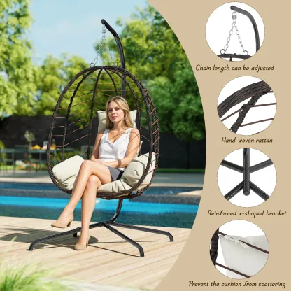Sillón colgante tipo huevo con soporte – Columpio de ratán tejido a mano para patio con cojín, capacidad de 350 libras – Estilo elegante para interiores y exteriores (patio, jardín y zona de piscina)