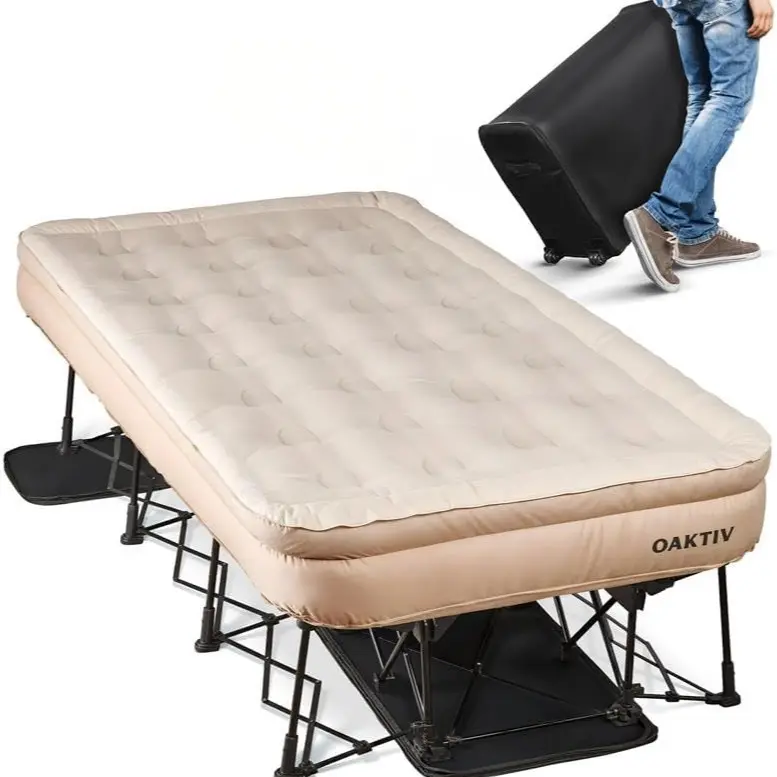 Colchón inflable tamaño Queen: capacidad de 660 libras, garantía de 5 años, autoinflable en 3-4 minutos, bomba a batería y estructura integradas, estuche con ruedas; la solución definitiva para habitaciones de invitados y acampadas.