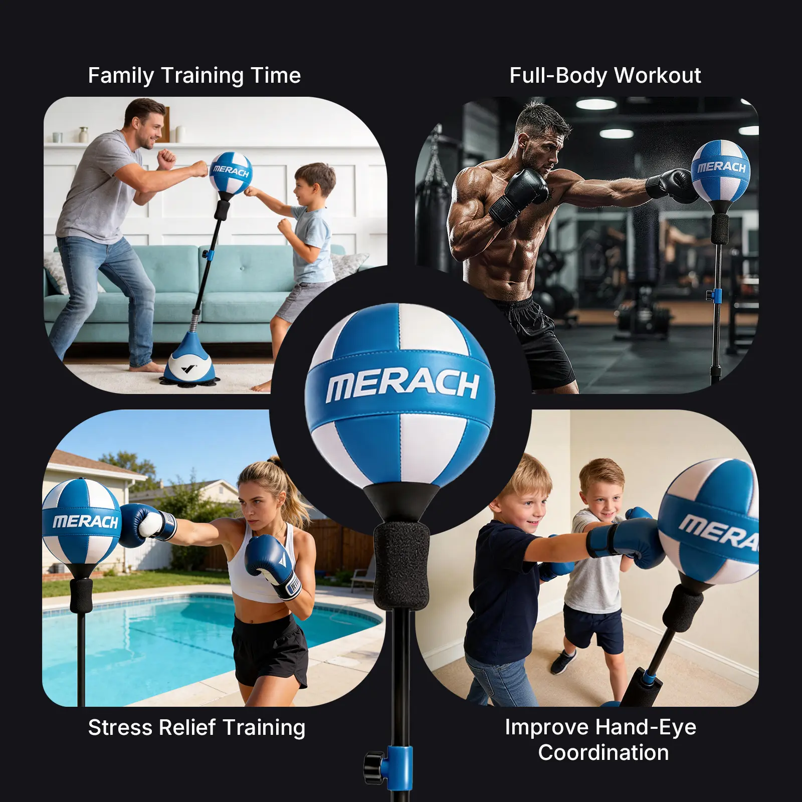 Saco de boxeo Merach con soporte y altura ajustable: saco de velocidad para entrenamiento, equipo de boxeo, alivio del estrés y fitness.