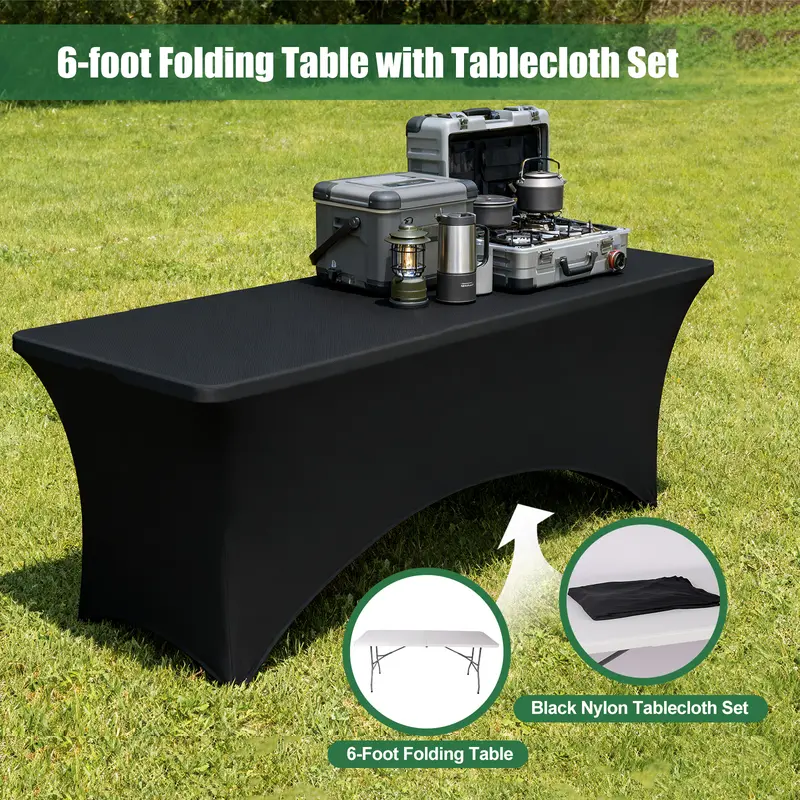 Mesa Plegable de 6 Pies (Set de Mesa Plegable de 6 pies y Mantel: ZB-6FT), con Asa de Transporte Integrada y Patas de Acero Aleado; Portátil y de Uso Rudo para Fiestas, Comedor, Bodas, Eventos, Picnics, Interiores, Exteriores, Camping y Uso General — Bla