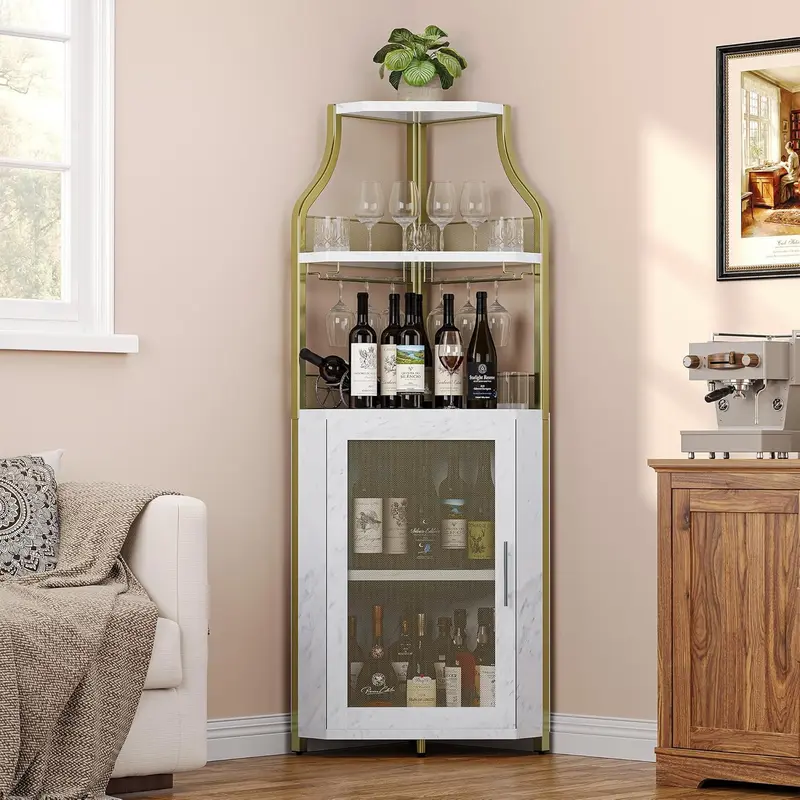 Mueble esquinero para vinos con estante extraíble y puerta estilo granero de 5 niveles