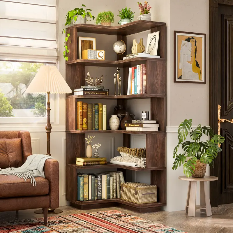 Estantería esquinera de madera, librería independiente en forma de L con panel divisorio, mueble expositor robusto con estantes para oficina en casa, sala de estar y dormitorio.