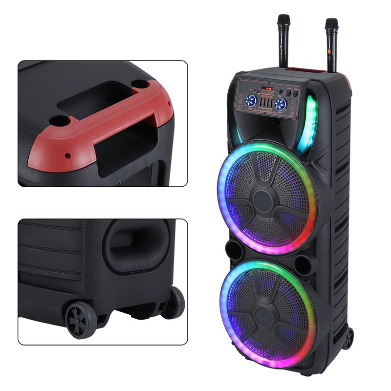 Sistema de altavoces para karaoke con doble woofer de 15 pulgadas — Altavoz portátil tipo "Party Box" con 2 micrófonos, Bluetooth inalámbrico, sonido estéreo, batería recargable, control remoto e iluminación LED.