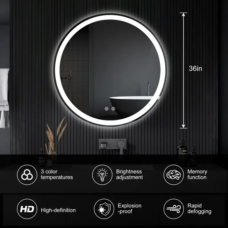 Espejo LED de Baño con Antivaho y Luz Regulable, Espejo de Pared con Iluminación Ajustable para Tocador