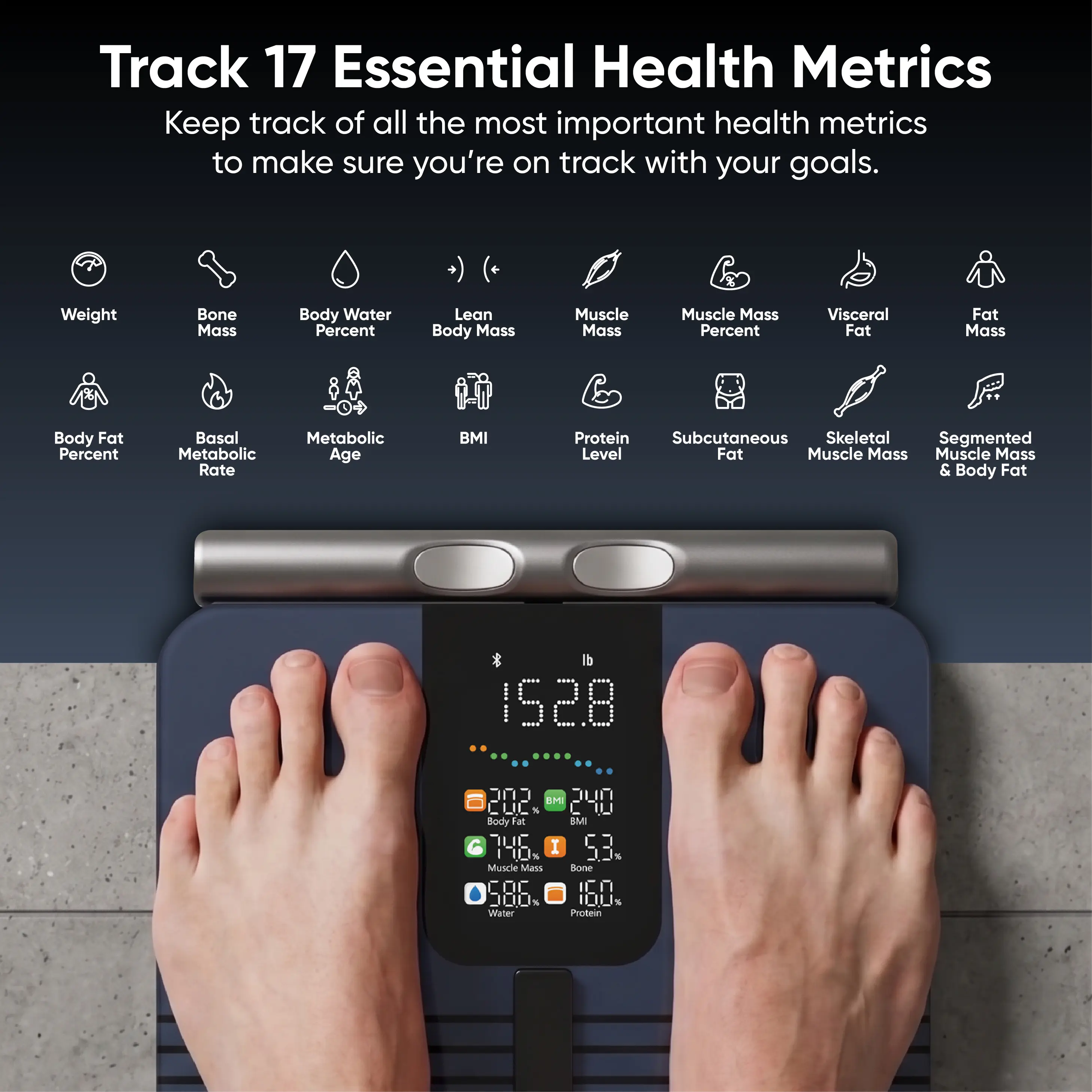 Báscula digital inteligente con Bluetooth para composición corporal: peso, IMC, grasa corporal, masa muscular y medición segmentaria; salud y bienestar, báscula inteligente.