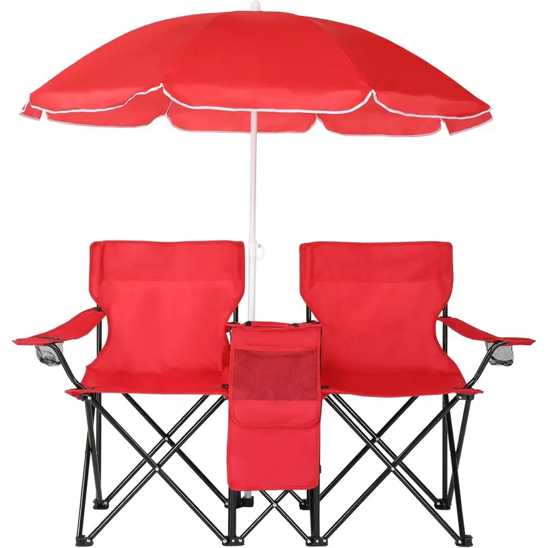 Silla Doble Plegable para Camping con Sombrilla, Portavasos, Nevera y Mesa Auxiliar, Resistente y Portátil para Playa, Patio, Piscina y Exterior (Azul)
