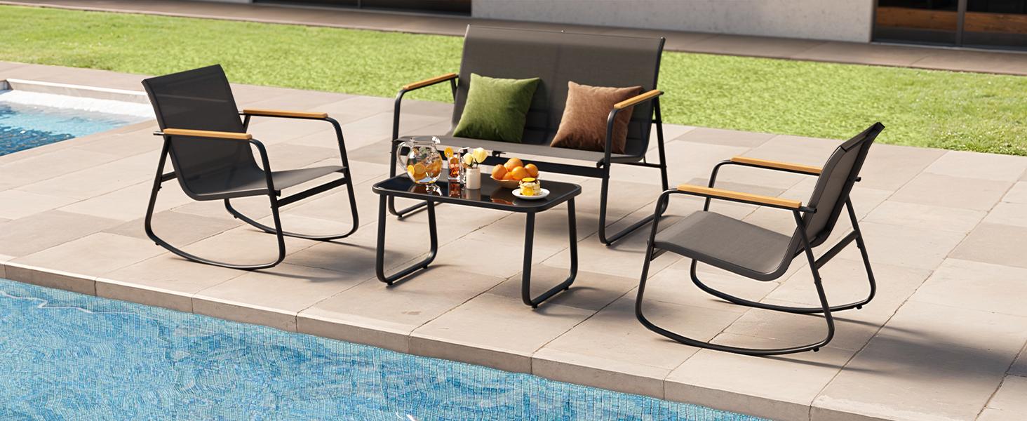 GIZOON 4-Piece Modern Patio Furniture Set, Sturdy Textilene Conversation Set (Black) - Weather-Resistant, Stable with Wooden Armrests, 2 Rocking Chairs, Coffee Table for Outdoor Patio, Balcony