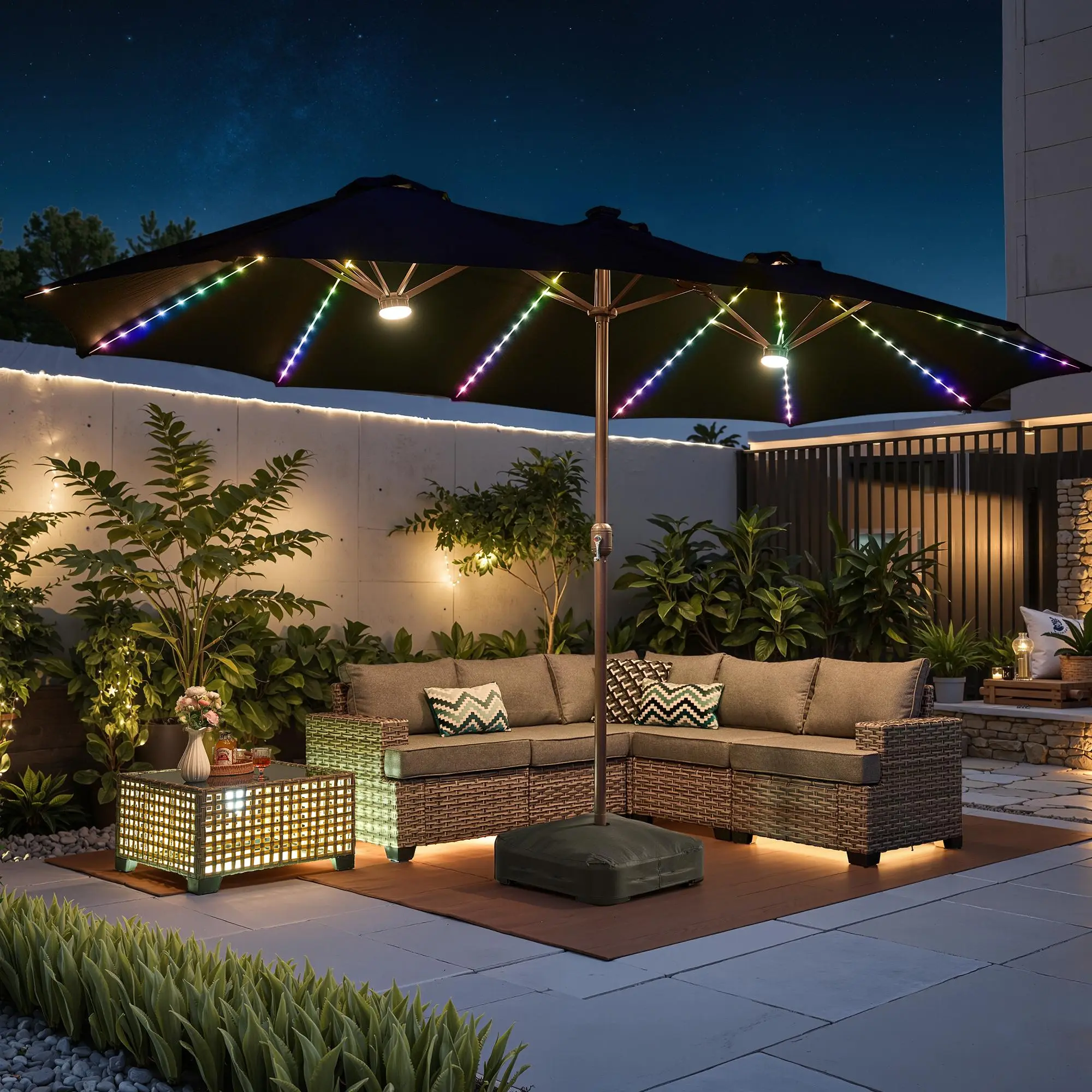[Iluminación Mejorada de Mayor Brillo] Sombrilla de Patio Lateral Ajustable de Alta Gama (15 pies) con Luces Solares; Sombrilla de Piscina Exterior de Doble Cara y Tamaño Extra Grande con Manivela; Iluminación Solar con Cambio de Color y Protección UV; So