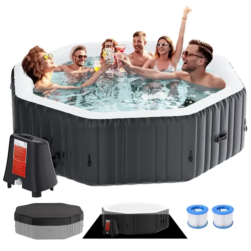 Spa Inflable Exterior para 4-6 Personas, Jacuzzi Portátil con 130 Chorros de Burbujas, Bomba de Calor y Filtro, Ideal para Patio y Jardín