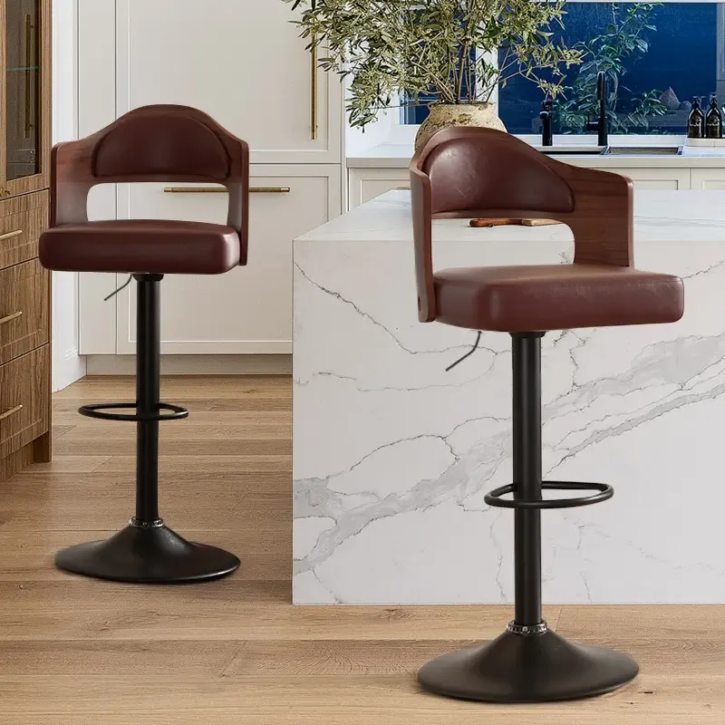 Juego de 1 o 2 taburetes de bar giratorios con altura ajustable (24,5-33,5 pulgadas); taburetes de madera tapizados en piel sintética, con respaldo y reposapiés, ideales para bar, cocina o comedor.