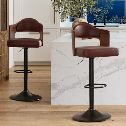 Juego de 1 o 2 taburetes de bar giratorios con altura ajustable (24,5-33,5 pulgadas); taburetes de madera tapizados en piel sintética, con respaldo y reposapiés, ideales para bar, cocina o comedor.