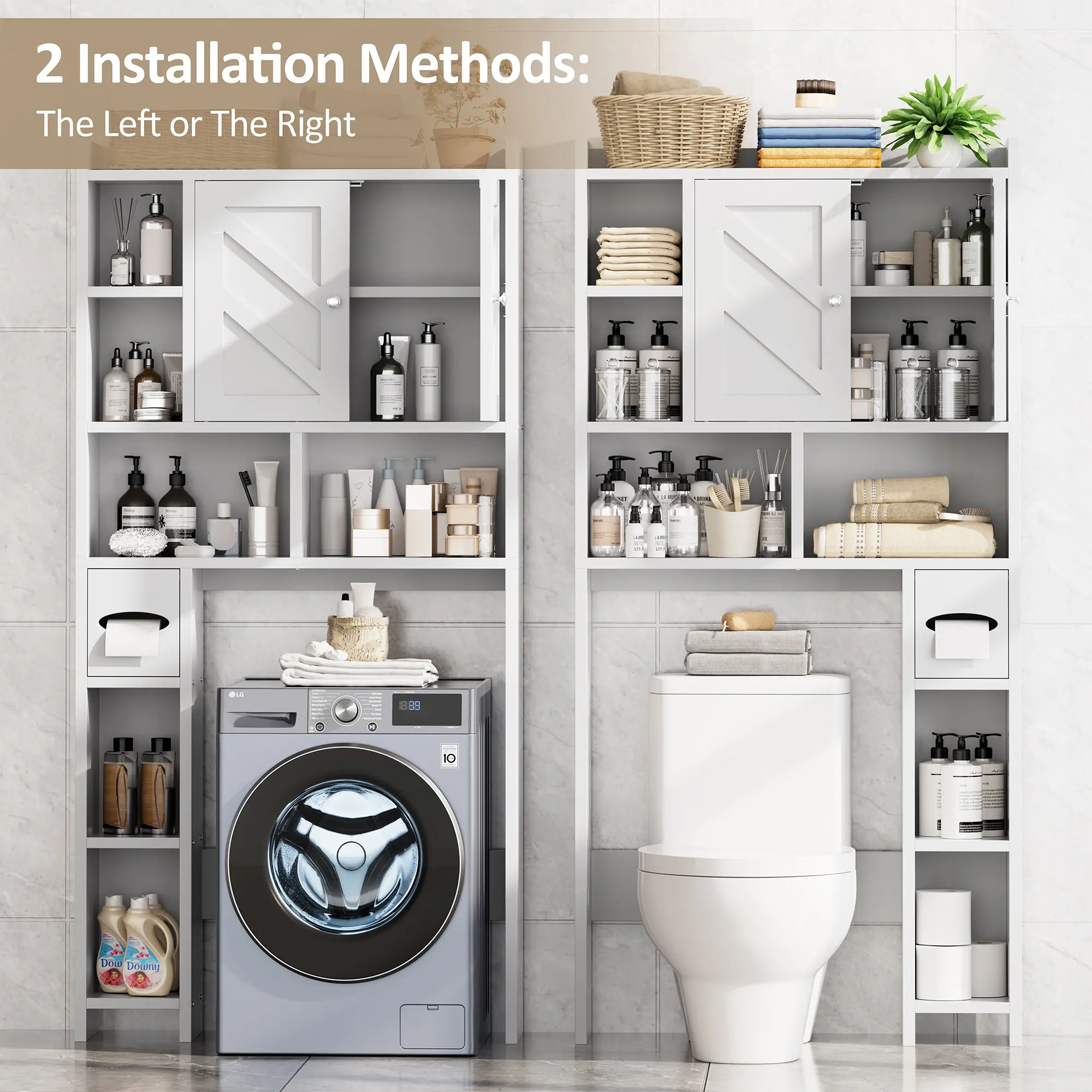 Armario de almacenamiento para colocar sobre el inodoro, estilo granja con 2 puertas tipo granero y soporte para papel higiénico, estantería para baño y organizador de muebles para lavandería.