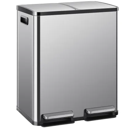 Bote de Basura de Cocina de 16 Galones de Acero Inoxidable, Doble Compartimento, Tapa con Pedal, Antihuellas e Impermeable, para Hogar y Oficina