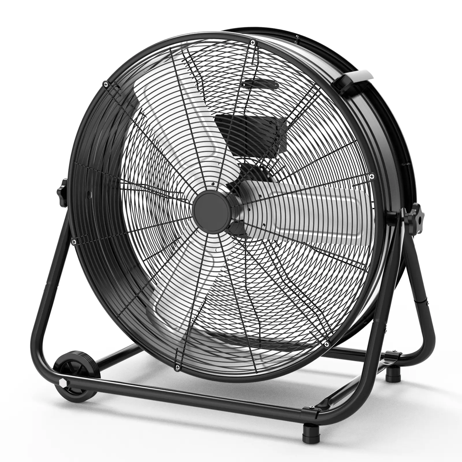 Ventilador de tambor industrial de alta velocidad y 24 pulgadas, con estructura totalmente metálica de alta resistencia, 3 velocidades y diseño inclinable 360°. Cuenta con asa de transporte y ruedas para facilitar su desplazamiento; es un potente ventilad