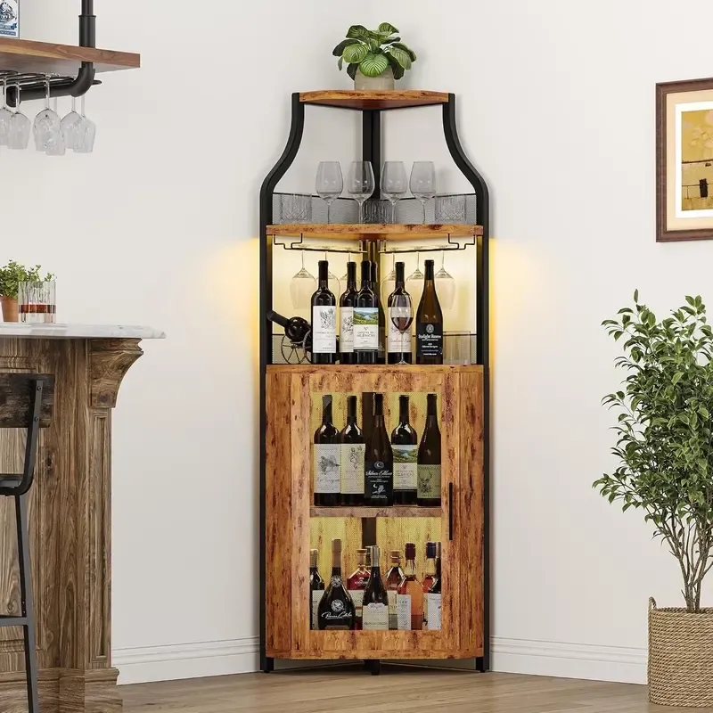 Mueble esquinero para vinos con estante extraíble y puerta estilo granero de 5 niveles